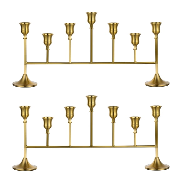 Sziqiqi Set of 2 Gold 7-Arm Candelabra: Long Row Taper Candle Holders for Fireplace Dining Table Centerpiece Christmas Party Decor Ideal Gift Housewarming Event