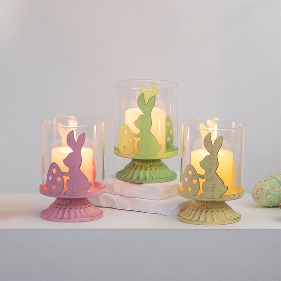 Sziqiqi Set of 3 Easter Bunny Tealight Holders: Colorful Glass Hurricane with Carved Rabbit Candle Holders for Spring Home Party Decor Centerpiece