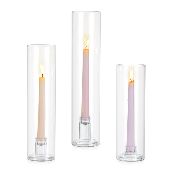 Sziqiqi Clear Glass Taper Candle Holders Set of 3: Varying Heights for Layered Display Minimalist Hurricane Holders for Wedding Gift Christmas Home Centerpiece Steady Flames