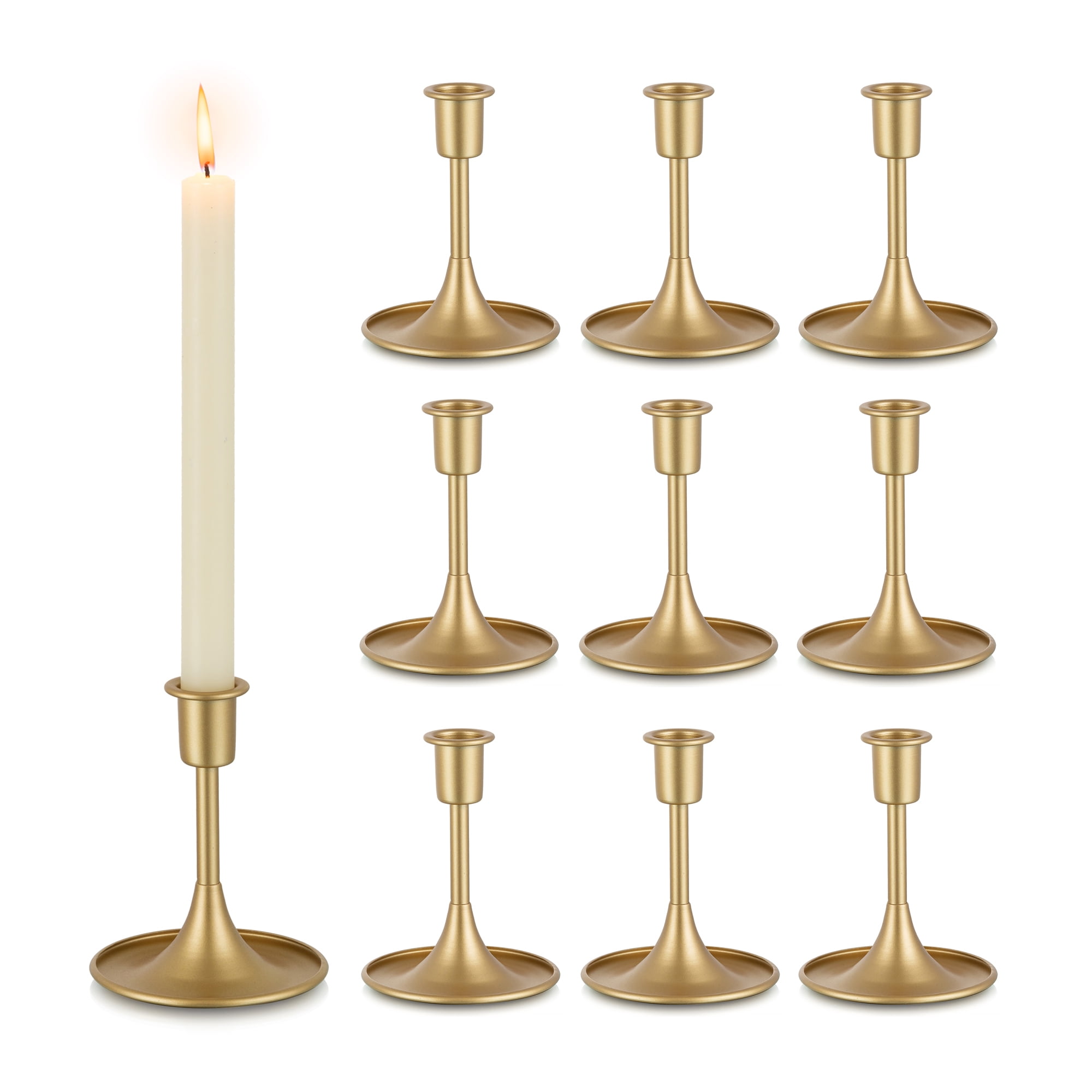 Gold Taper Candle Holder Set of 12, Hewory Short Skinny Brass Candlestick  Holders, Vintage Small Low Metal Candles Sticks for Wedding Centerpieces