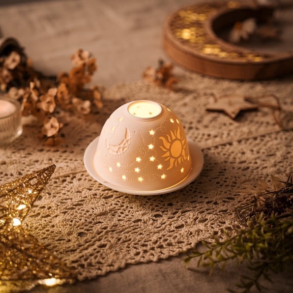 Sziqiqi White Ceramic Tealight Holder with Celestial Relief: Star Moon Embossed Dome Candle Holder Creates Magical Mood Lighting for Home Decor Desk Gift Relaxation Romantic