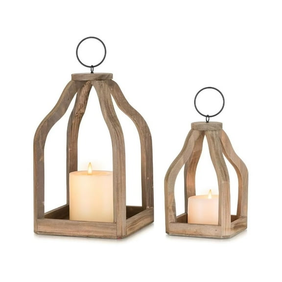 Sziqiqi Wood Decorative Candle Lanterns Set of 2, Indoor Farmhouse Hanging Candle Holder for Table Centerpiece Fireplace Mantle Shelf, 11" & 8" Bulk Rustic Home Decor Fall Ornaments, Brown