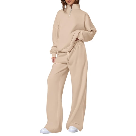 Szluipve 2 Piece Sets for 2 Piece Sets for Women Solid Color 2 Piece Tracksuit Half Zip Mock Neck Long Sleeve Top High Waist Drawstring Wide Leg Pants Casual Loungewear Outfit Set Beige M