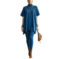 thumbnail image 1 of Szluipve 2 Piece Sets for Women 2 Piece Knit Loungewear Set Turtleneck Short Sleeve Oversized Tunic Top & Ribbed High Waist Leggings Casual Loose Fall Winter Outfit Suit Royal Blue S, 1 of 7