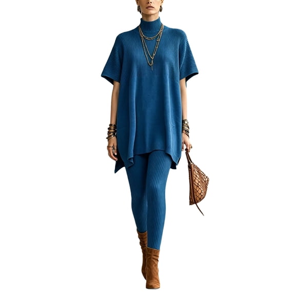 Szluipve 2 Piece Sets for Women 2 Piece Knit Loungewear Set Turtleneck Short Sleeve Oversized Tunic Top & Ribbed High Waist Leggings Casual Loose Fall Winter Outfit Suit Royal Blue S