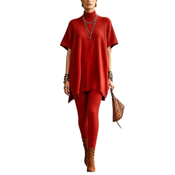 Szluipve 2 Piece Sets for Women 2 Piece Knit Loungewear Set Turtleneck Short Sleeve Oversized Tunic Top & Ribbed High Waist Leggings Casual Loose Fall Winter Outfit Suit Red S