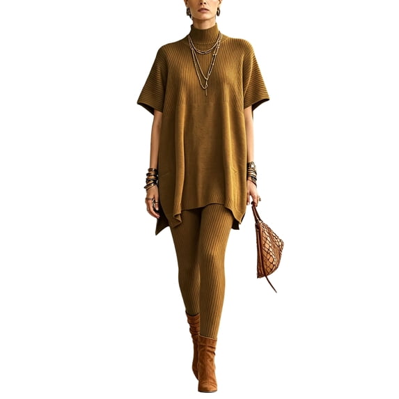 Szluipve 2 Piece Sets for Women 2 Piece Knit Loungewear Set Turtleneck Short Sleeve Oversized Tunic Top & Ribbed High Waist Leggings Casual Loose Fall Winter Outfit Suit Brown S