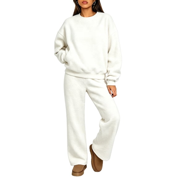 Szluipve 2 Piece Sets for Women 2 Piece Loungewear Set, Crew Neck Oversized Sweatshirt & High Waist Wide Leg Pants, Solid Color Fleece Casual Matching Tracksuit White 2XL