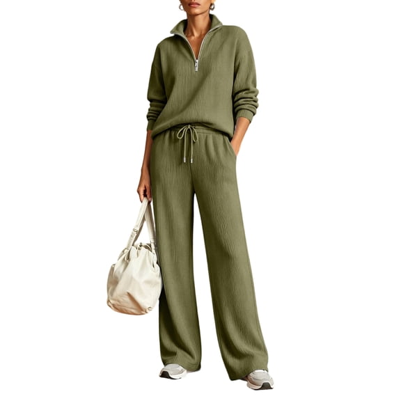 Szluipve 2 Piece Sets for Women 2 Piece Loungewear Set Half Zip Collar Long Sleeve Pullover Drawstring Wide Leg Pants Casual Soft Knit Tracksuit Outfit
