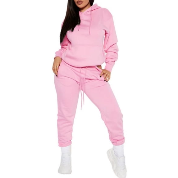 Szluipve 2 Piece Sets for Women 2 Piece Outfit Hoodie Sweatshirt Set Long Sleeve Drawstring Pocket Hooded Top Jogger Pants Casual Solid Color Tracksuit for Daily Workout Pink 2XL
