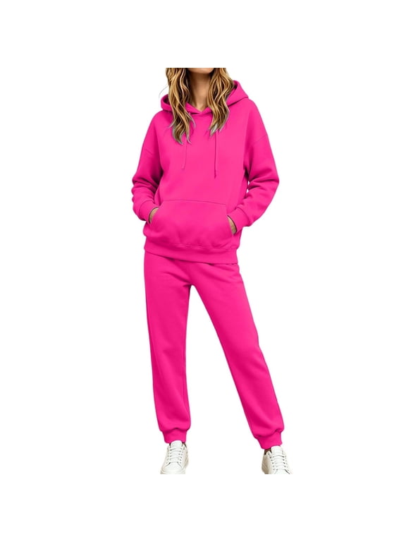 2 Piece Sets for Women 2 Piece Outfit Long Sleeve Drawstring Hoodie Sweatshirt Elastic Waist Jogger Pants Casual Tracksuit Loungewear Set Hot Pink XL