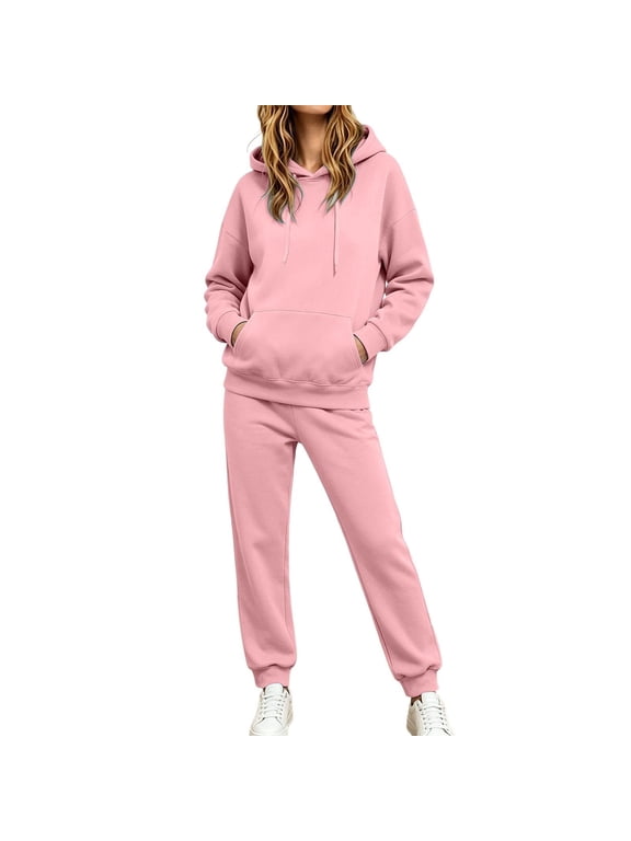 2 Piece Sets for Women 2 Piece Outfit Long Sleeve Drawstring Hoodie Sweatshirt Elastic Waist Jogger Pants Casual Tracksuit Loungewear Set Pink S
