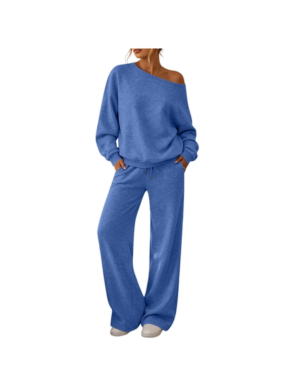 Women 2 Piece Outfit Off Shoulder Long Sleeve Sweatshirt and Drawstring Wide Leg Pants Set Solid Casual Loungewear Tracksuit with Pockets