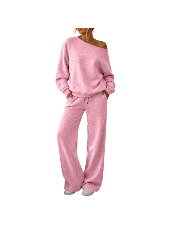 Women 2 Piece Outfit Off Shoulder Long Sleeve Sweatshirt and Drawstring Wide Leg Pants Set Solid Casual Loungewear Tracksuit with Pockets