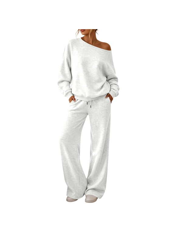 Women 2 Piece Outfit Off Shoulder Long Sleeve Sweatshirt and Drawstring Wide Leg Pants Set Solid Casual Loungewear Tracksuit with Pockets