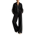 thumbnail image 1 of Szluipve 2 Piece Sets for Women 2 Piece Outfits Side Stripe Zip Up Collar Jacket & Wide Leg Pants Set Ribbed Textured Casual Tracksuit Loungewear Suit for Daily Travel Black M, 1 of 7