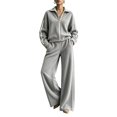 thumbnail image 1 of Szluipve 2 Piece Sets for Women 2 Piece Outfits Side Stripe Zip Up Collar Jacket & Wide Leg Pants Set Ribbed Textured Casual Tracksuit Loungewear Suit for Daily Travel Gray S, 1 of 7