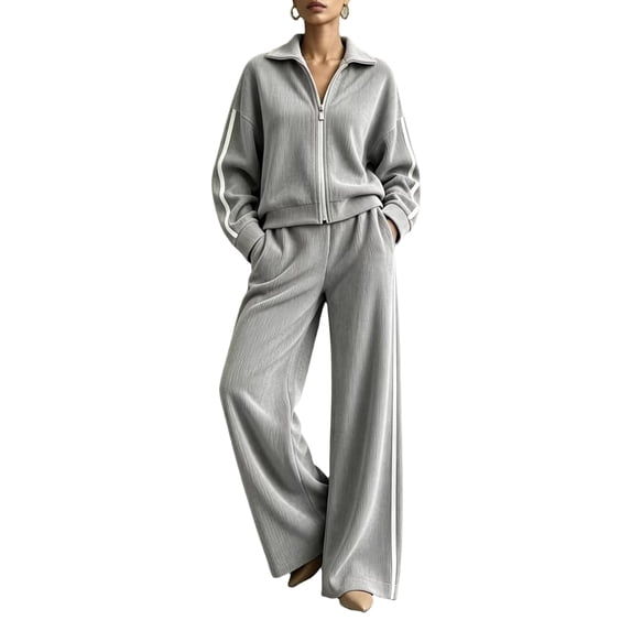 Szluipve 2 Piece Sets for Women 2 Piece Outfits Side Stripe Zip Up Collar Jacket & Wide Leg Pants Set Ribbed Textured Casual Tracksuit Loungewear Suit for Daily Travel Gray S