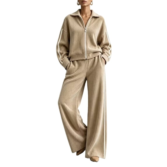 Szluipve 2 Piece Sets for Women 2 Piece Tracksuit Outfit Striped Side Zip‑Up Collar Jacket & Wide Leg Pants Set Ribbed Knit Casual Loungewear Suit for Daily Vacation Khaki S