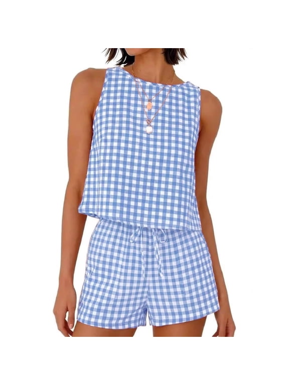 2 Piece Sets for Women 2 Piece Summer Casual Outfit Sleeveless Gingham Plaid Tank Top Drawstring Elastic Waist Shorts Vacation Loungewear Matching Set