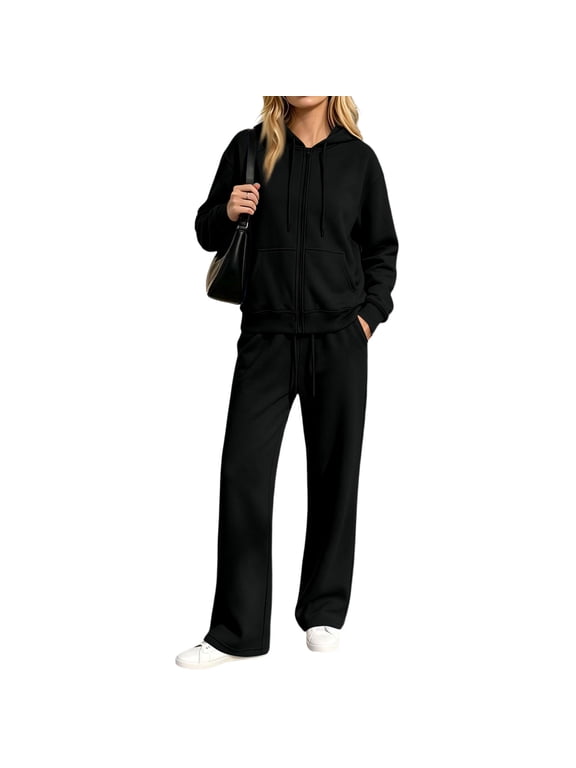 2 Piece Sets for Women 2 Piece Sweatshirt Outfit Full‑Zip Drawstring Hooded Jacket Elastic Drawstring Wide Leg Sweatpants Set Casual Loose Sports Matching Loungewear Suit Black M