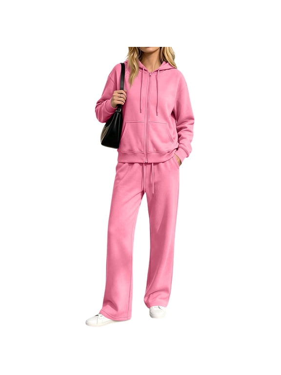 2 Piece Sets for Women 2 Piece Sweatshirt Outfit Full‑Zip Drawstring Hooded Jacket Elastic Drawstring Wide Leg Sweatpants Set Casual Loose Sports Matching Loungewear Suit Pink XL