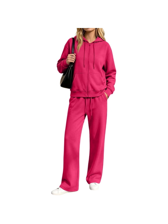 2 Piece Sets for Women 2 Piece Sweatshirt Outfit Full‑Zip Drawstring Hooded Jacket Elastic Drawstring Wide Leg Sweatpants Set Casual Loose Sports Matching Loungewear Suit Hot Pink S