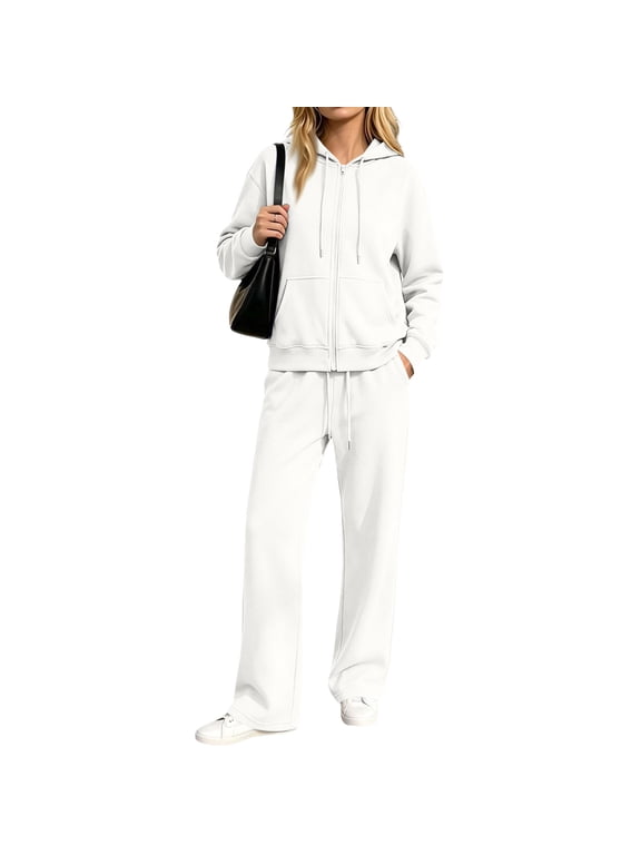 2 Piece Sets for Women 2 Piece Sweatshirt Outfit Full‑Zip Drawstring Hooded Jacket Elastic Drawstring Wide Leg Sweatpants Set Casual Loose Sports Matching Loungewear Suit White 2XL