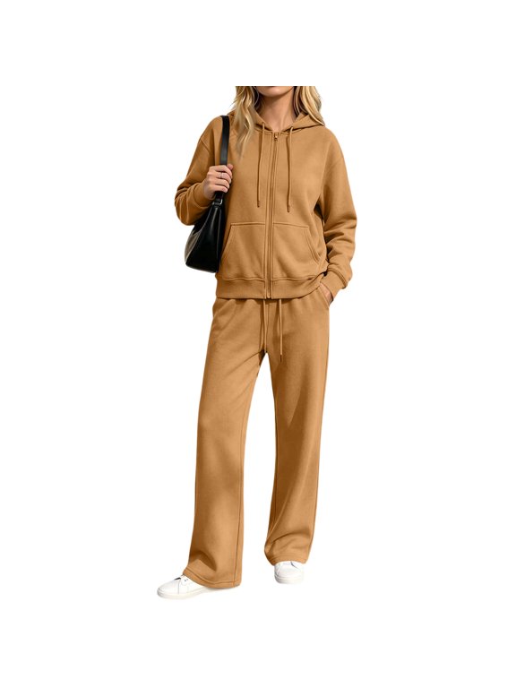 2 Piece Sets for Women 2 Piece Sweatshirt Outfit Full‑Zip Drawstring Hooded Jacket Elastic Drawstring Wide Leg Sweatpants Set Casual Loose Sports Matching Loungewear Suit Camel S
