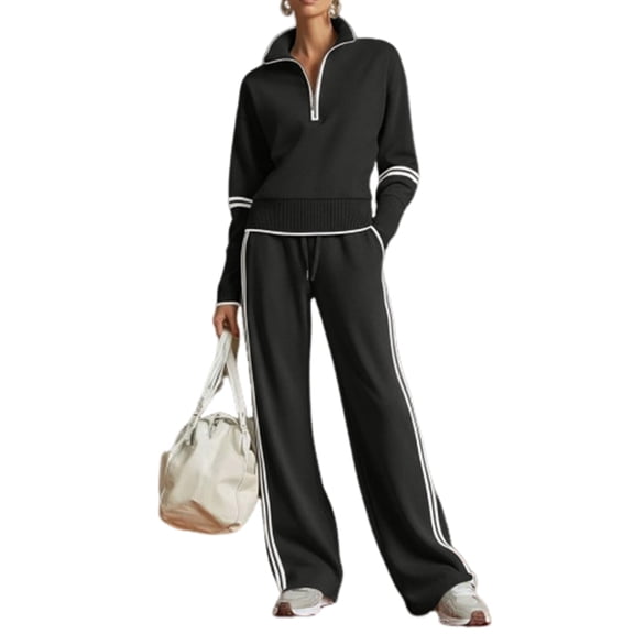 Szluipve 2 Piece Sets for Women 2 Piece Tracksuit Half Zip Stand Collar Long Sleeve Sweatshirt Striped Wide Leg Pants Loose Casual Sports Loungewear Outfit Set
