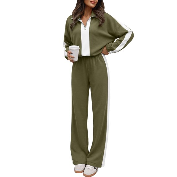Szluipve 2 Piece Sets for Women 2 Piece Tracksuit Outfit Color‑Block Half Zip Collar Sweatshirt & Side Stripe Wide Leg Pants Set Casual Loose Loungewear Suit for Daily Sport Green S