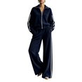thumbnail image 1 of Szluipve 2 Piece Sets for Women 2 Piece Tracksuit Outfit Striped Side Zip‑Up Collar Jacket & Wide Leg Pants Set Ribbed Knit Casual Loungewear Suit for Daily Vacation Navy 2XL, 1 of 8