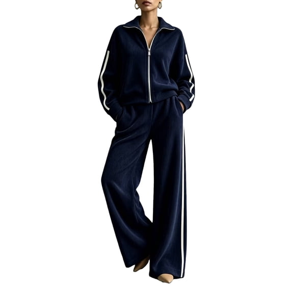 Szluipve 2 Piece Sets for Women 2 Piece Tracksuit Outfit Striped Side Zip‑Up Collar Jacket & Wide Leg Pants Set Ribbed Knit Casual Loungewear Suit for Daily Vacation Navy 2XL