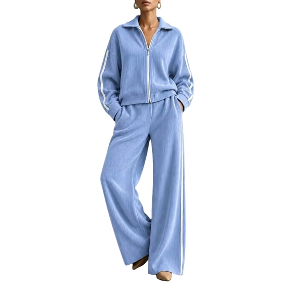 Szluipve 2 Piece Sets for Women 2 Piece Tracksuit Outfit Striped Side Zip‑Up Collar Jacket & Wide Leg Pants Set Ribbed Knit Casual Loungewear Suit for Daily Vacation Sky Blue L