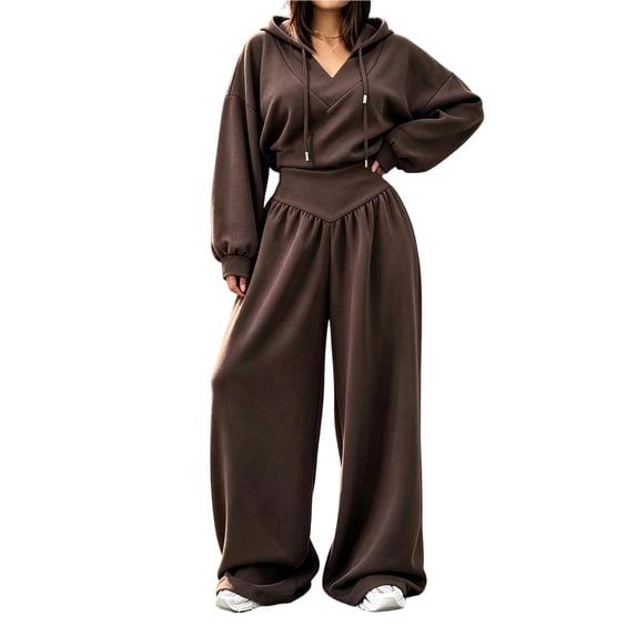 Szluipve 2 Piece Sets for Women 2 Piece Tracksuit V‑Neck Drawstring Hoodie Top High Waist Pleated Wide Leg Pants Set Casual Loose Matching Loungewear Outfit With Pockets Brown M