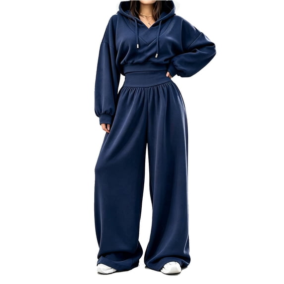 Szluipve 2 Piece Sets for Women 2 Piece Tracksuit V‑Neck Drawstring Hoodie Top High Waist Pleated Wide Leg Pants Set Casual Loose Matching Loungewear Outfit With Pockets Navy S