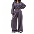 thumbnail image 1 of Szluipve 2 Piece Sets for Women 2 Piece Tracksuit V‑Neck Drawstring Hoodie Top High Waist Pleated Wide Leg Pants Set Casual Loose Matching Loungewear Outfit With Pockets Dark Gray M, 1 of 7