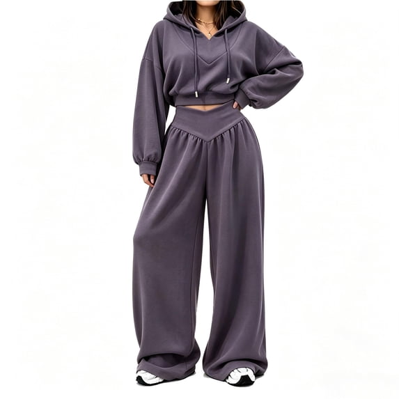 Szluipve 2 Piece Sets for Women 2 Piece Tracksuit V‑Neck Drawstring Hoodie Top High Waist Pleated Wide Leg Pants Set Casual Loose Matching Loungewear Outfit With Pockets Dark Gray M