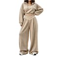thumbnail image 1 of Szluipve 2 Piece Sets for Women 2 Piece Tracksuit V‑Neck Drawstring Hoodie Top High Waist Pleated Wide Leg Pants Set Casual Loose Matching Loungewear Outfit With Pockets Khaki L, 1 of 7