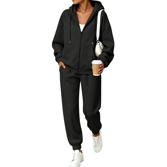 Szluipve 2 Piece Sets for Women 2 Piece Tracksuit Zip Up Hoodie Jacket Drawstring Jogger Pants Set Long Sleeve Casual Warm Loungewear Outfit for Daily Workout Black L