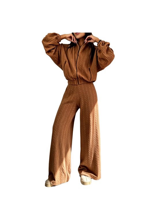 2 Piece Sets for Women Cable Knit Zip Up Stand Collar Jacket and High Waist Wide Leg Pants 2 Piece Outfit Casual Loose Loungewear Tracksuit Set Brown S