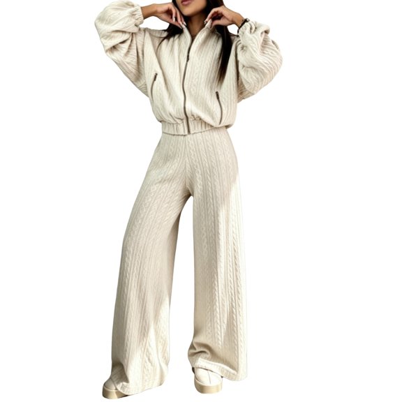 Szluipve 2 Piece Sets for Women Cable Knit Zip Up Stand Collar Jacket and High Waist Wide Leg Pants 2 Piece Outfit Casual Loose Loungewear Tracksuit Set White XXL