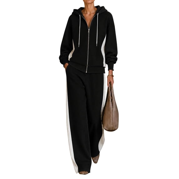 Szluipve 2 Piece Sets for Women Color Block 2 Piece Tracksuit Full Zip Drawstring Hoodie Side Stripe Elastic Waist Wide Leg Pants Set Casual Loose Matching Loungewear Outfit Black S