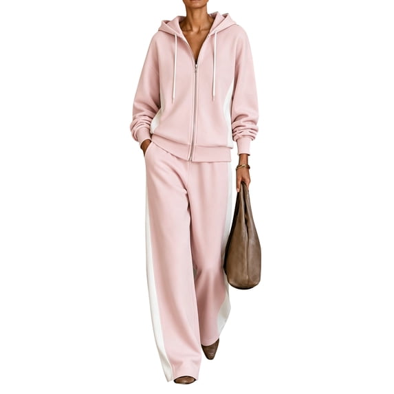 Szluipve 2 Piece Sets for Women Color Block 2 Piece Tracksuit Full Zip Drawstring Hoodie Side Stripe Elastic Waist Wide Leg Pants Set Casual Loose Matching Loungewear Outfit Pink XL