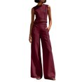 thumbnail image 1 of Szluipve 2 Piece Sets for Women Contrast Stitch 2 Piece Outfits Sleeveless Round Neck Crop Tank Top & High Waist Wide Leg Long Pants Elegant Casual Matching Set with Pockets Wine 2XL, 1 of 9
