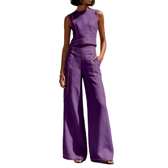 Szluipve 2 Piece Sets for Women Contrast Stitch 2 Piece Outfits Sleeveless Round Neck Crop Tank Top & High Waist Wide Leg Long Pants Elegant Casual Matching Set with Pockets Purple XL