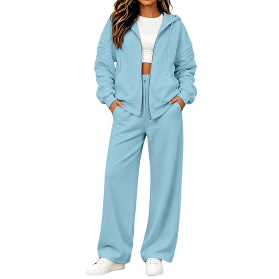 Szluipve 2 Piece Sets for Women Full Zip‑Up Hoodie 2 Piece Tracksuit Set Drawstring Zip Hooded Jacket & Elastic Waist Wide Leg Pants Casual Loungewear Outfit with Side Pockets Light Blue L