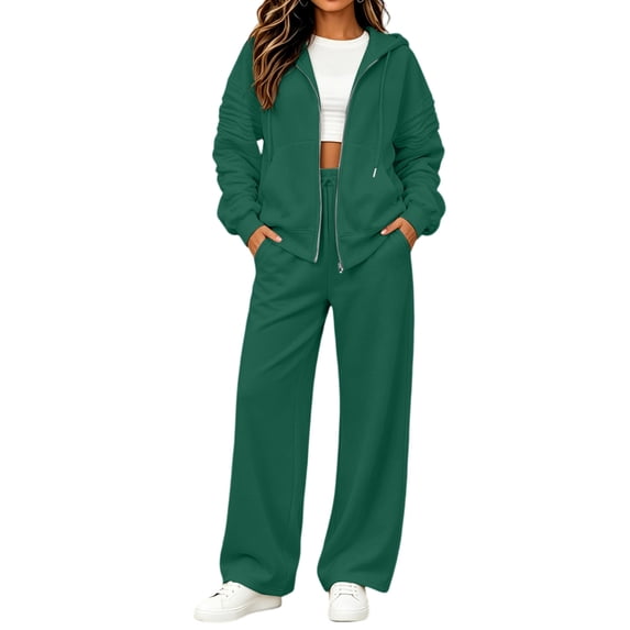 Szluipve 2 Piece Sets for Women Full Zip‑Up Hoodie 2 Piece Tracksuit Set Drawstring Zip Hooded Jacket & Elastic Waist Wide Leg Pants Casual Loungewear Outfit with Side Pockets Green S