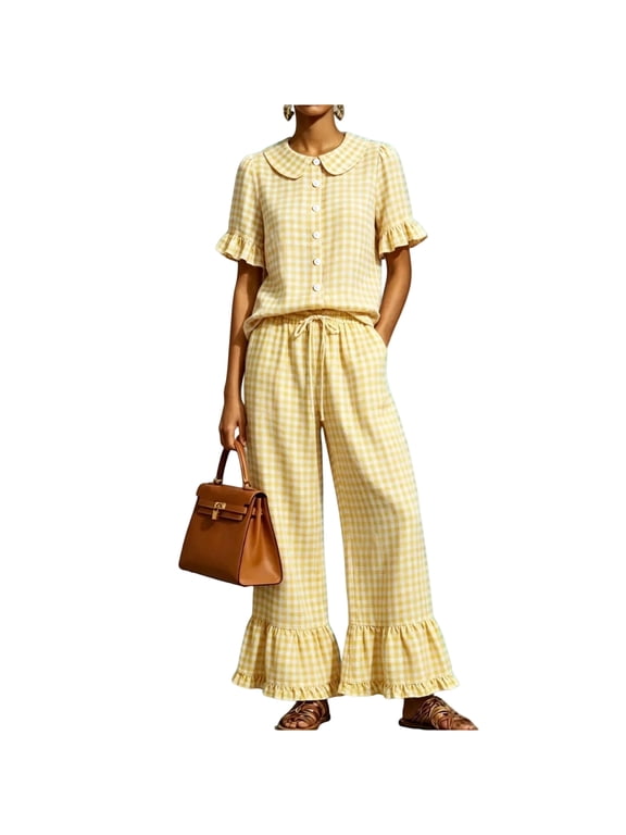 Women Gingham Plaid 2 Piece Outfits Peter Pan Collar Ruffle Short Sleeve Shirt Drawstring Flare Long Pants Set Casual Summer Matching Suit