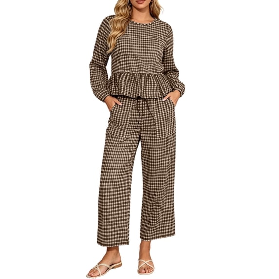 Szluipve 2 Piece Sets for Women Gingham Plaid Round Neck Long Sleeve Ruffle Peplum Top And Drawstring Wide Leg Cropped Pants 2 Piece Outfit Casual Loungewear Set With Pockets Brown S